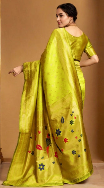 Mayawye Women's Silk Blend Zari Weaving Saree With Unstitched Blouse 5.5Mtr (Lime-Green)