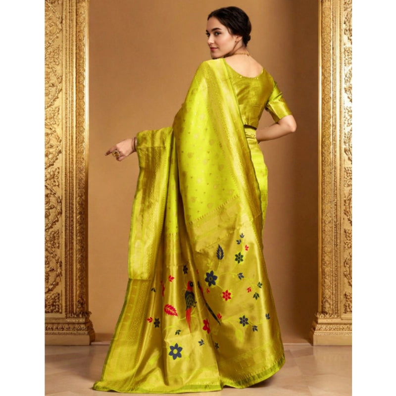 Mayawye Women's Silk Blend Zari Weaving Saree With Unstitched Blouse 5.5Mtr (Lime-Green)