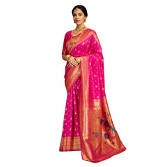 Mayawye Women's Silk Blend Zari Weaving Saree With Unstitched Blouse 5.5Mtr (Pink)