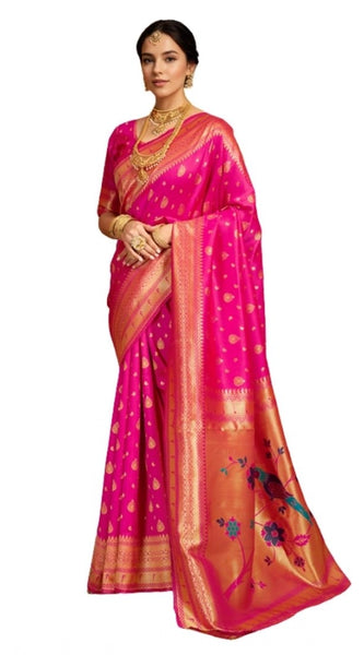 Mayawye Women's Silk Blend Zari Weaving Saree With Unstitched Blouse 5.5Mtr (Pink)