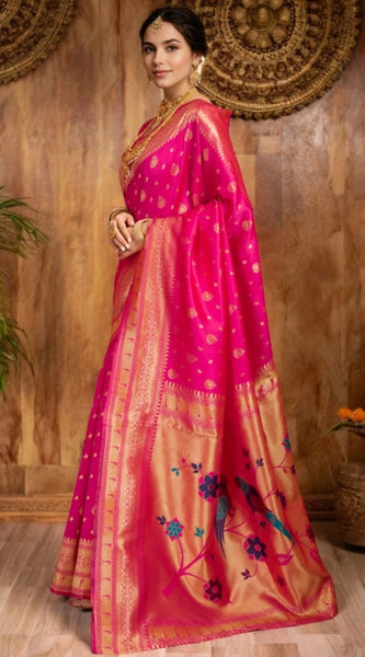 Mayawye Women's Silk Blend Zari Weaving Saree With Unstitched Blouse 5.5Mtr (Pink)