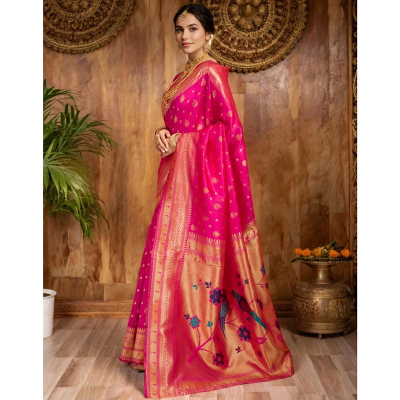 Mayawye Women's Silk Blend Zari Weaving Saree With Unstitched Blouse 5.5Mtr (Pink)