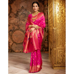 Mayawye Women's Silk Blend Zari Weaving Saree With Unstitched Blouse 5.5Mtr (Pink)