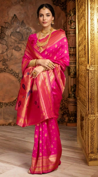 Mayawye Women's Silk Blend Zari Weaving Saree With Unstitched Blouse 5.5Mtr (Pink)