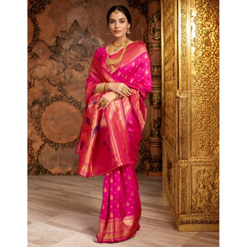 Mayawye Women's Silk Blend Zari Weaving Saree With Unstitched Blouse 5.5Mtr (Pink)