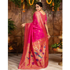 Mayawye Women's Silk Blend Zari Weaving Saree With Unstitched Blouse 5.5Mtr (Pink)