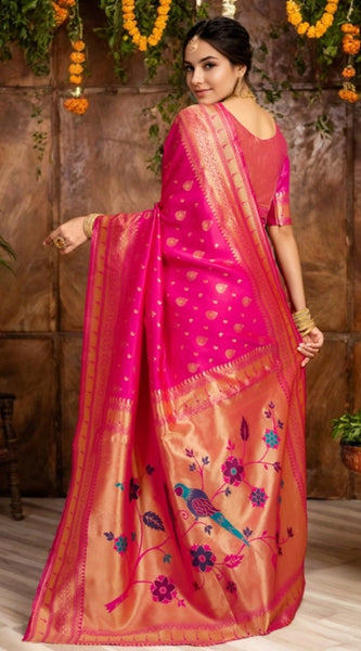 Mayawye Women's Silk Blend Zari Weaving Saree With Unstitched Blouse 5.5Mtr (Pink)