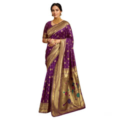 Mayawye Women's Silk Blend Zari Weaving Saree With Unstitched Blouse 5.5Mtr (Purple)