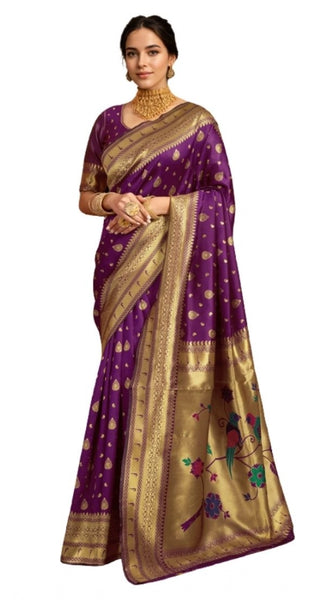 Mayawye Women's Silk Blend Zari Weaving Saree With Unstitched Blouse 5.5Mtr (Purple)