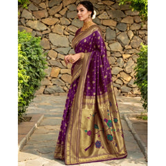 Mayawye Women's Silk Blend Zari Weaving Saree With Unstitched Blouse 5.5Mtr (Purple)