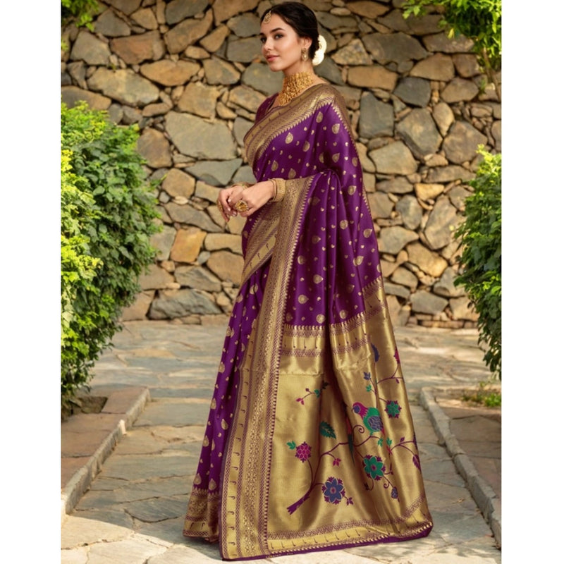 Mayawye Women's Silk Blend Zari Weaving Saree With Unstitched Blouse 5.5Mtr (Purple)
