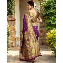 Mayawye Women's Silk Blend Zari Weaving Saree With Unstitched Blouse 5.5Mtr (Purple)