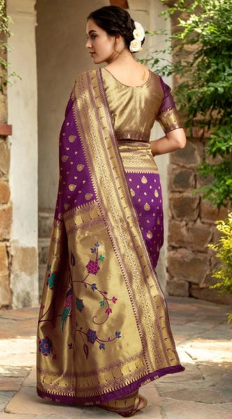 Mayawye Women's Silk Blend Zari Weaving Saree With Unstitched Blouse 5.5Mtr (Purple)