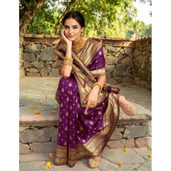 Mayawye Women's Silk Blend Zari Weaving Saree With Unstitched Blouse 5.5Mtr (Purple)