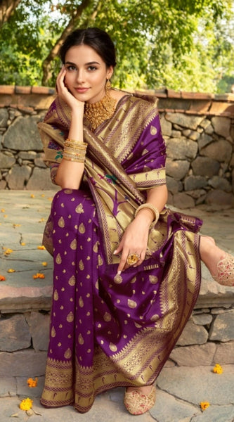 Mayawye Women's Silk Blend Zari Weaving Saree With Unstitched Blouse 5.5Mtr (Purple)