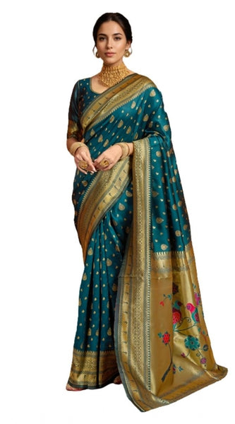 Mayawye Women's Silk Blend Zari Weaving Saree With Unstitched Blouse 5.5Mtr (Teal)