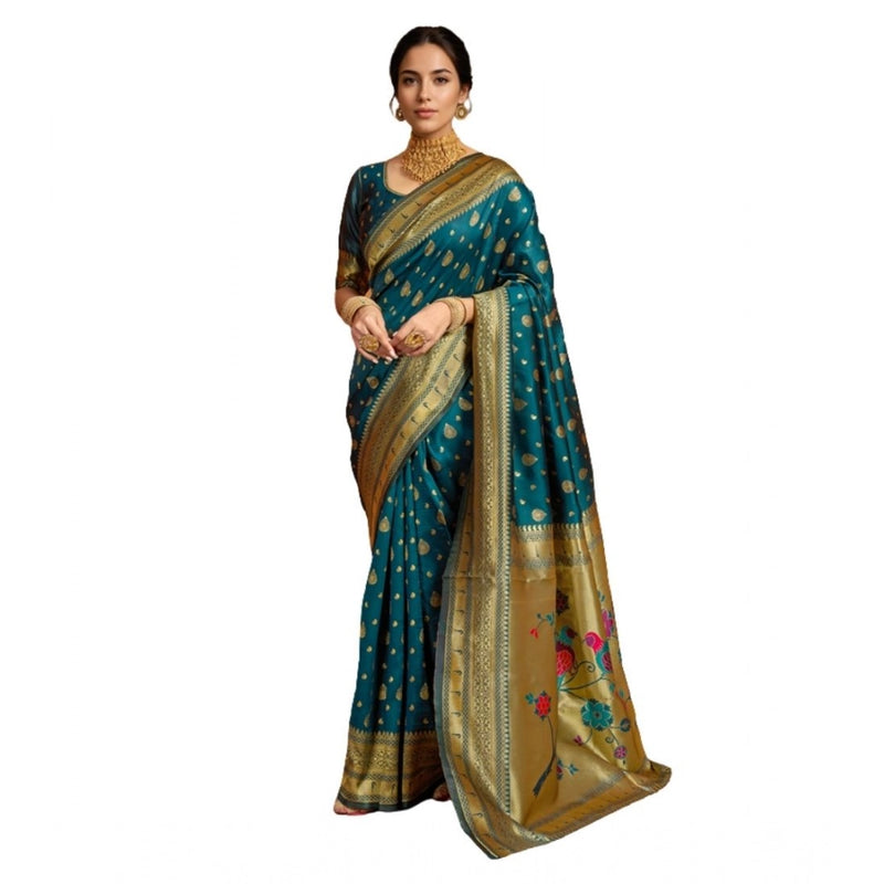 Mayawye Women's Silk Blend Zari Weaving Saree With Unstitched Blouse 5.5Mtr (Teal)