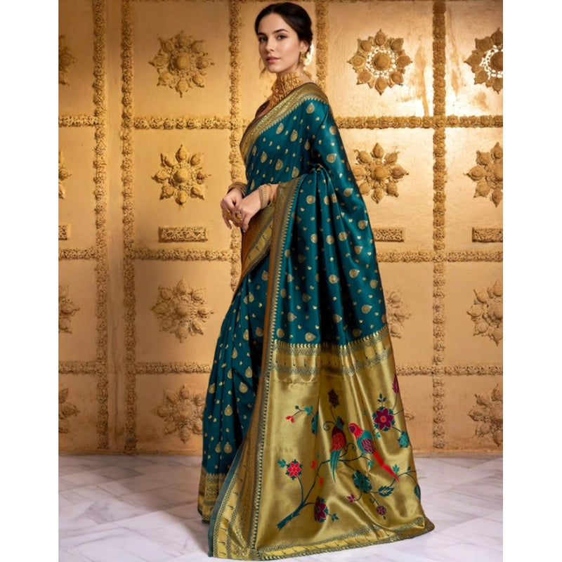 Mayawye Women's Silk Blend Zari Weaving Saree With Unstitched Blouse 5.5Mtr (Teal)