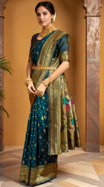 Mayawye Women's Silk Blend Zari Weaving Saree With Unstitched Blouse 5.5Mtr (Teal)
