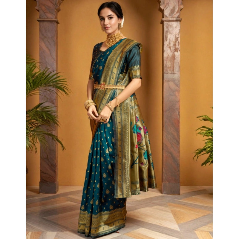 Mayawye Women's Silk Blend Zari Weaving Saree With Unstitched Blouse 5.5Mtr (Teal)