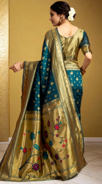 Mayawye Women's Silk Blend Zari Weaving Saree With Unstitched Blouse 5.5Mtr (Teal)