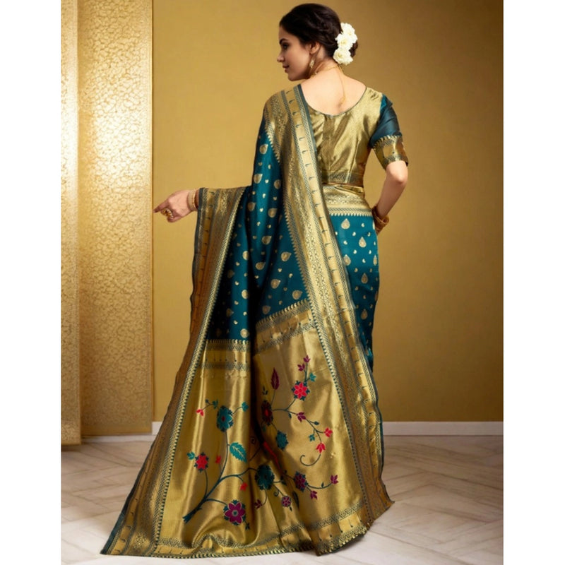 Mayawye Women's Silk Blend Zari Weaving Saree With Unstitched Blouse 5.5Mtr (Teal)