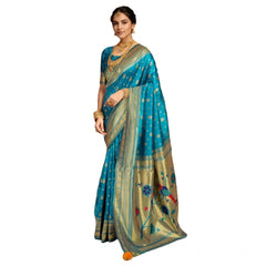 Mayawye Women's Silk Blend Zari Weaving Saree With Unstitched Blouse 5.5Mtr (Turquoise)
