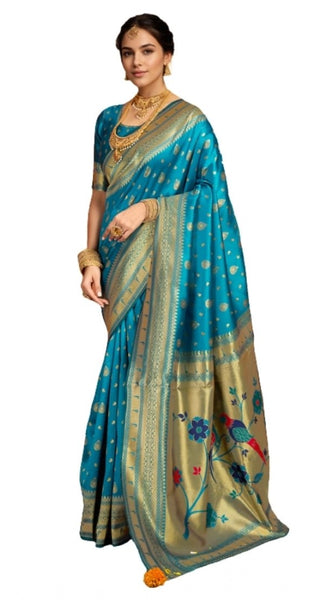 Mayawye Women's Silk Blend Zari Weaving Saree With Unstitched Blouse 5.5Mtr (Turquoise)