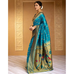 Mayawye Women's Silk Blend Zari Weaving Saree With Unstitched Blouse 5.5Mtr (Turquoise)