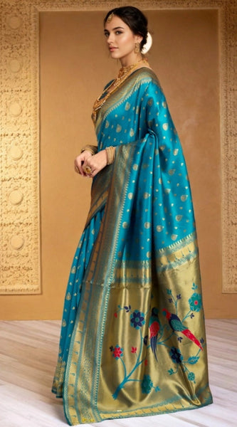 Mayawye Women's Silk Blend Zari Weaving Saree With Unstitched Blouse 5.5Mtr (Turquoise)