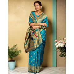Mayawye Women's Silk Blend Zari Weaving Saree With Unstitched Blouse 5.5Mtr (Turquoise)