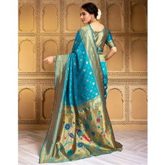 Mayawye Women's Silk Blend Zari Weaving Saree With Unstitched Blouse 5.5Mtr (Turquoise)