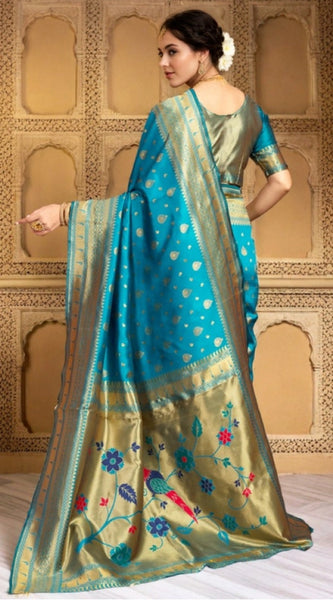 Mayawye Women's Silk Blend Zari Weaving Saree With Unstitched Blouse 5.5Mtr (Turquoise)