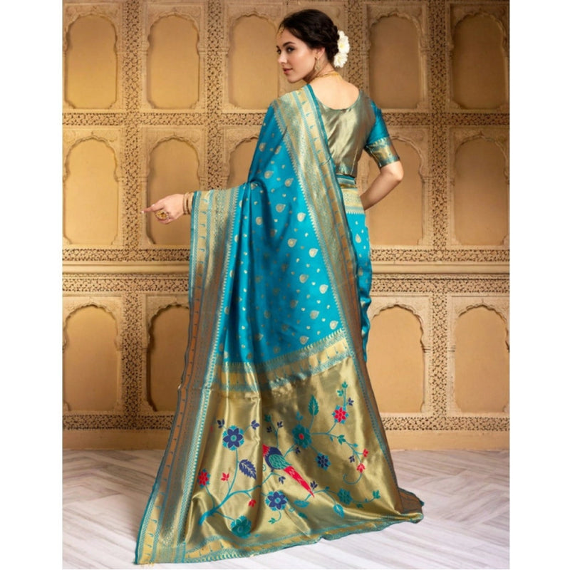 Mayawye Women's Silk Blend Zari Weaving Saree With Unstitched Blouse 5.5Mtr (Turquoise)