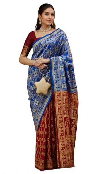 Mayawye Women's Silk Blend Zari Weaving Saree With Unstitched Blouse 5.5Mtr (Blue)