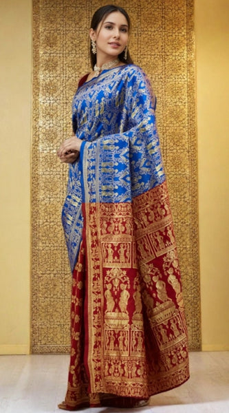 Mayawye Women's Silk Blend Zari Weaving Saree With Unstitched Blouse 5.5Mtr (Blue)