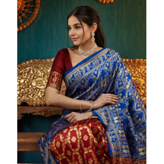 Mayawye Women's Silk Blend Zari Weaving Saree With Unstitched Blouse 5.5Mtr (Blue)