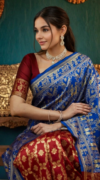 Mayawye Women's Silk Blend Zari Weaving Saree With Unstitched Blouse 5.5Mtr (Blue)