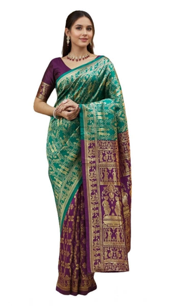 Mayawye Women's Silk Blend Zari Weaving Saree With Unstitched Blouse 5.5Mtr (Light Green)