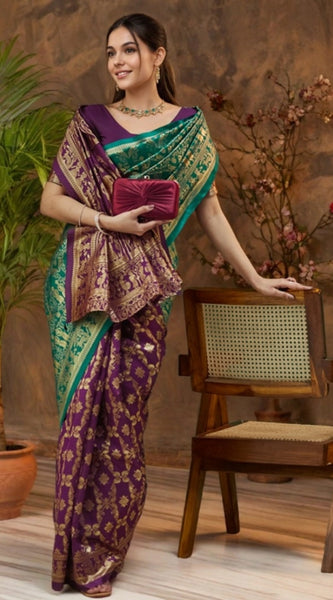 Mayawye Women's Silk Blend Zari Weaving Saree With Unstitched Blouse 5.5Mtr (Light Green)