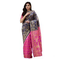 Mayawye Women's Silk Blend Zari Weaving Saree With Unstitched Blouse 5.5Mtr (Navy)