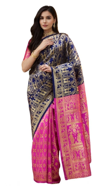 Mayawye Women's Silk Blend Zari Weaving Saree With Unstitched Blouse 5.5Mtr (Navy)