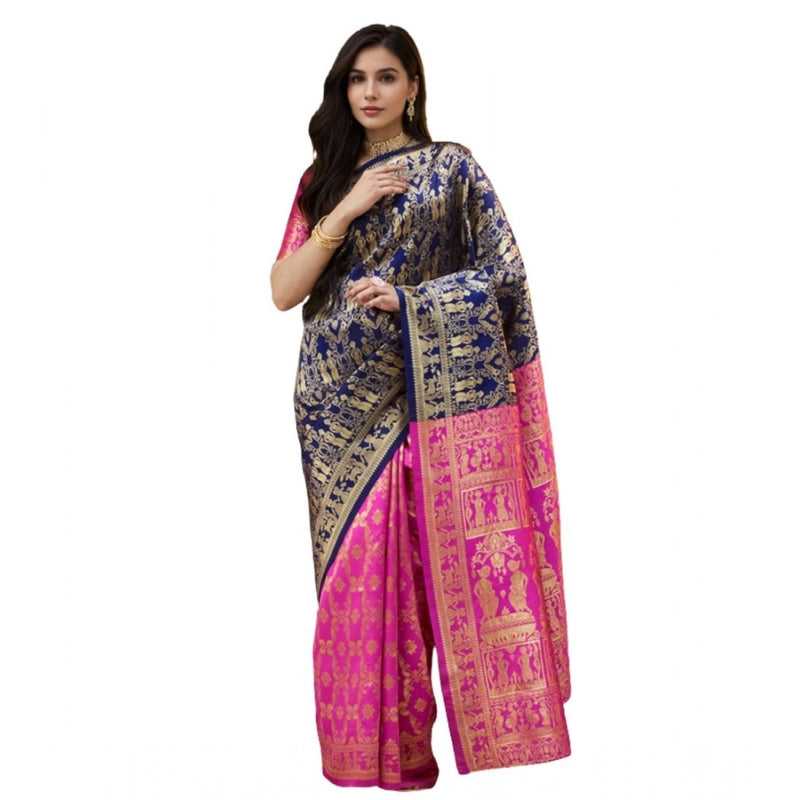 Mayawye Women's Silk Blend Zari Weaving Saree With Unstitched Blouse 5.5Mtr (Navy)