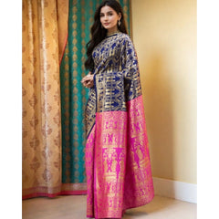Mayawye Women's Silk Blend Zari Weaving Saree With Unstitched Blouse 5.5Mtr (Navy)