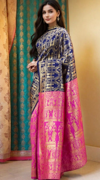 Mayawye Women's Silk Blend Zari Weaving Saree With Unstitched Blouse 5.5Mtr (Navy)