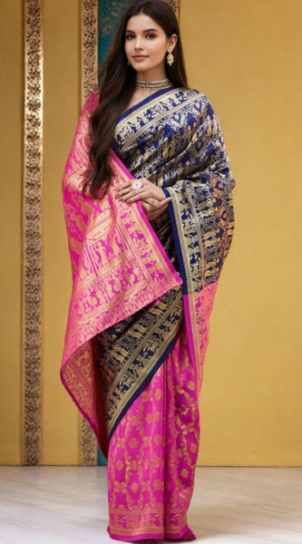 Mayawye Women's Silk Blend Zari Weaving Saree With Unstitched Blouse 5.5Mtr (Navy)