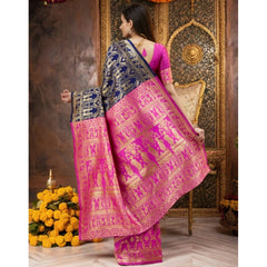 Mayawye Women's Silk Blend Zari Weaving Saree With Unstitched Blouse 5.5Mtr (Navy)