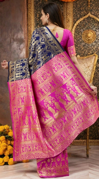 Mayawye Women's Silk Blend Zari Weaving Saree With Unstitched Blouse 5.5Mtr (Navy)