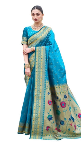 Mayawye Women's Silk Blend Paithani Weaving Saree With Unstitched Blouse 5.5Mtr (Aqua)