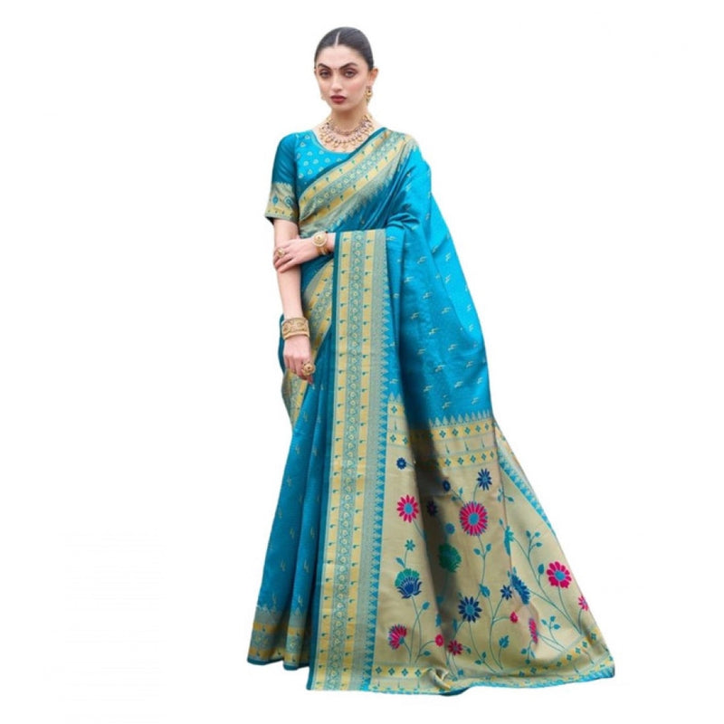 Mayawye Women's Silk Blend Paithani Weaving Saree With Unstitched Blouse 5.5Mtr (Aqua)
